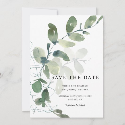 Save The Date Elégant Mariage d'aquarelle Eucalyptus (Devant)