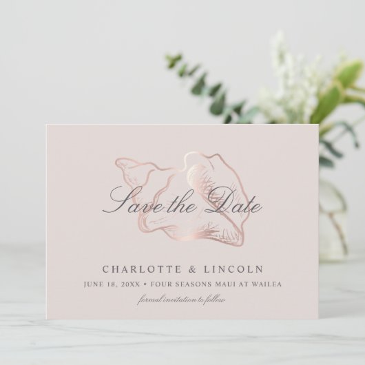 Save The Date Élégant Mariage de broche et de Rose Gold Conch (Debout devant)