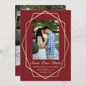 Save The Date Elégant Mariage de cadre géométrique or de Bourgog (Devant / Derrière)