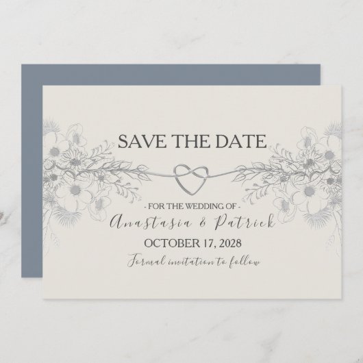 Save The Date Élégant Mariage de calligraphie bleu Dusty (Devant / Derrière)