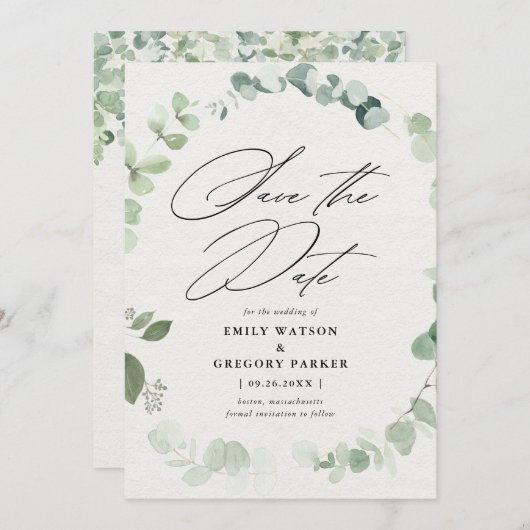 Save The Date Élégant Mariage de calligraphie Eucalyptus (Devant / Derrière)