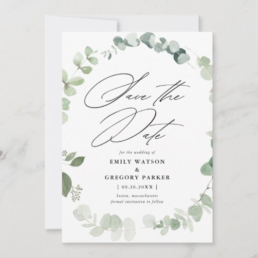Save The Date Élégant Mariage de calligraphie Eucalyptus (Devant)
