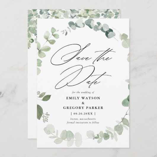 Save The Date Élégant Mariage de calligraphie Eucalyptus (Devant / Derrière)
