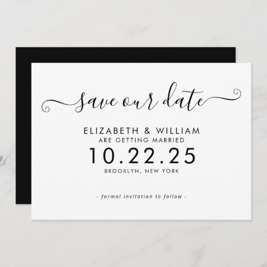 Save The Date Élégant Mariage de calligraphie noir et blanc (Devant / Derrière)