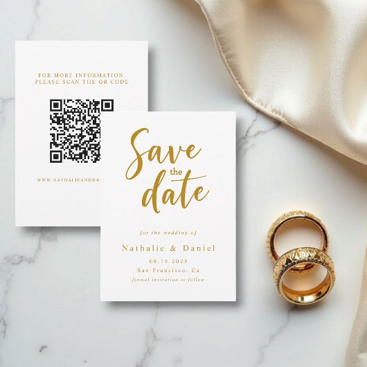 Save The Date Élégant Mariage de code QR blanc et or