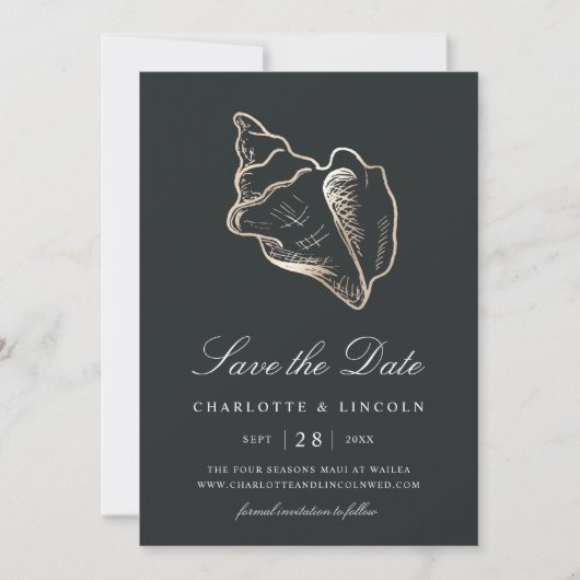 Save The Date Elégant Mariage de coquille de conque doré (Devant)