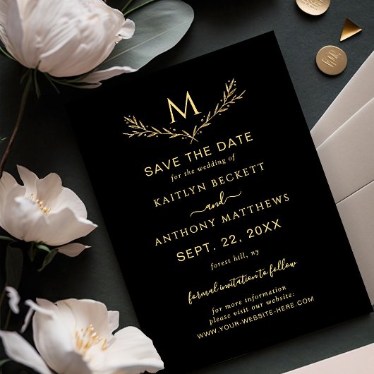 Save The Date Élégant Mariage de couronne de monogramme noir et 