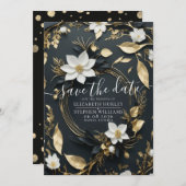 Save The Date Élégant Mariage de couronnes florales noir blanc e (Devant / Derrière)