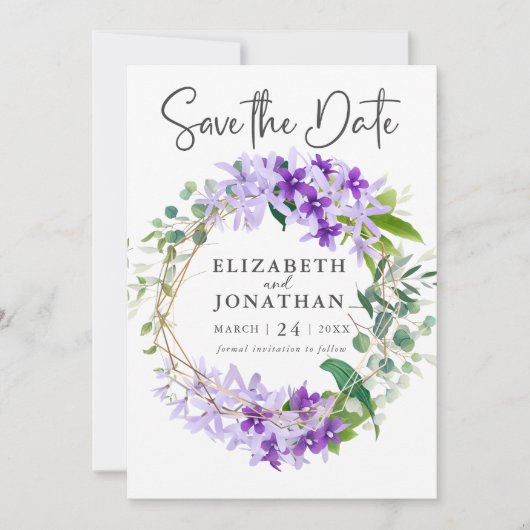 Save The Date Élégant Mariage de couronnes florales violettes or (Devant)