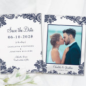 Save The Date Élégant Mariage de dentelle Fiançailles photo bleu