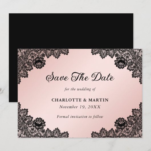 Save The Date Élégant Mariage de dentelle florale noir et blanc (Devant / Derrière)