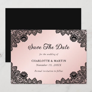 Save The Date Élégant Mariage de dentelle florale noir et blanc
