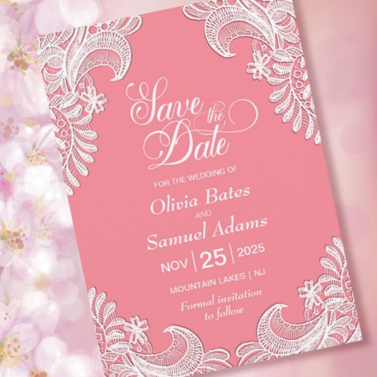Save The Date Élégant Mariage de dentelle rose