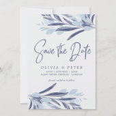 Save The Date Elégant Mariage de feuillage bleu aquarelle (Devant)