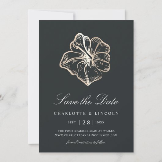 Save The Date Élégant Mariage de fleurs d'Hibiscus d'or (Devant)