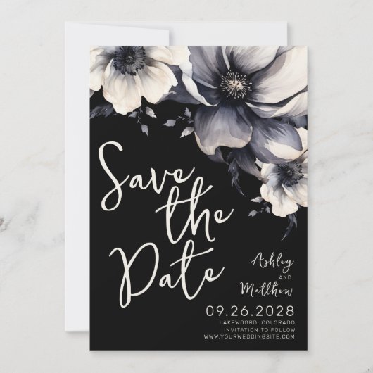 Save The Date Élégant Mariage de fleurs noires (Devant)