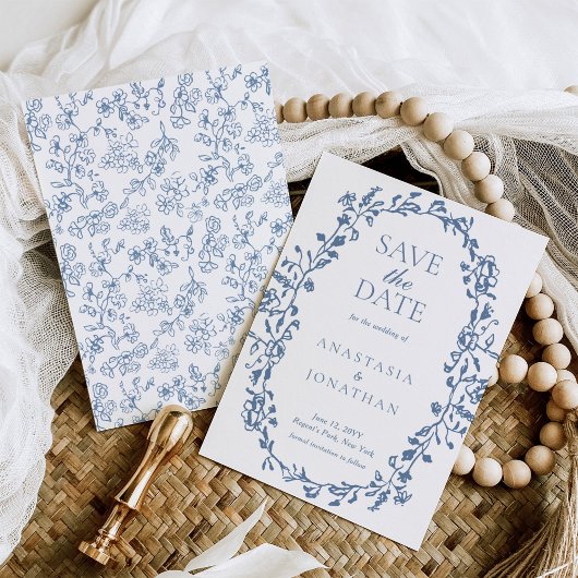 Save The Date Élégant Mariage de fleurs victorien bleu Dusty
