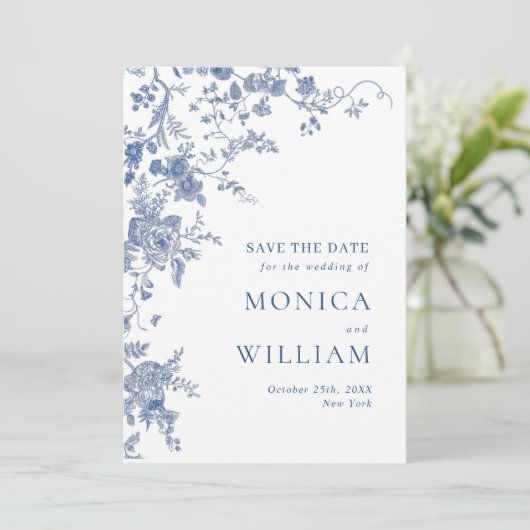 Save The Date Élégant Mariage de Floral Bleu Victorien Français (Debout devant)