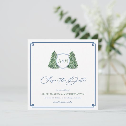 Save The Date Élégant Mariage de forêt d'hiver Monogram Tartan (Debout devant)