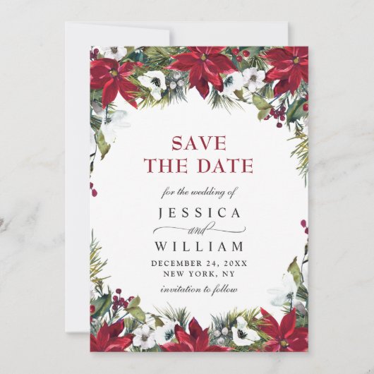 Save The Date Elégant Mariage de la branche de pin Poinsettia (Devant)
