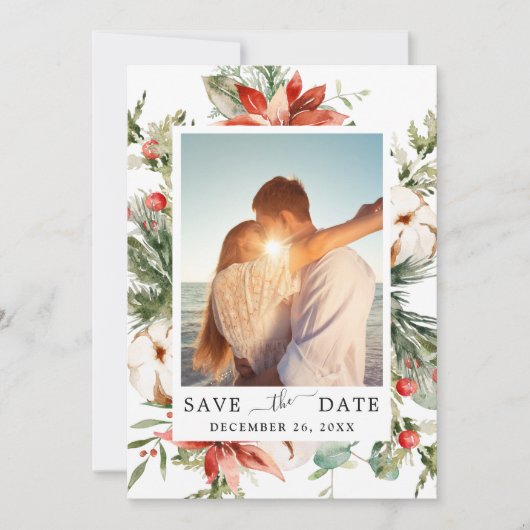 Save The Date Elégant Mariage de la branche de pin Poinsettia (Devant)