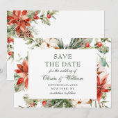 Save The Date Elégant Mariage de la branche de pin Poinsettia (Devant / Derrière)