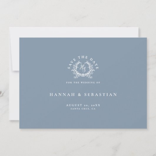 Save The Date Élégant Mariage de Monogram Blue Dusty (Devant)