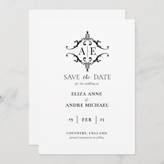 Save The Date Élégant Mariage de monogramme noir et blanc (Devant / Derrière)