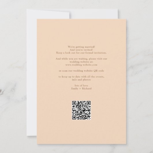 Save The Date Élégant Mariage de Peach Soft Code QR moderne (Dos)