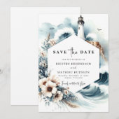 Save The Date Élégant Mariage de phare des vagues océaniques (Devant / Derrière)