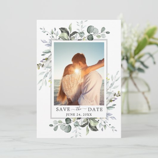 Save The Date Elégant Mariage de PHOTO Eucalyptus aquarelle (Debout devant)