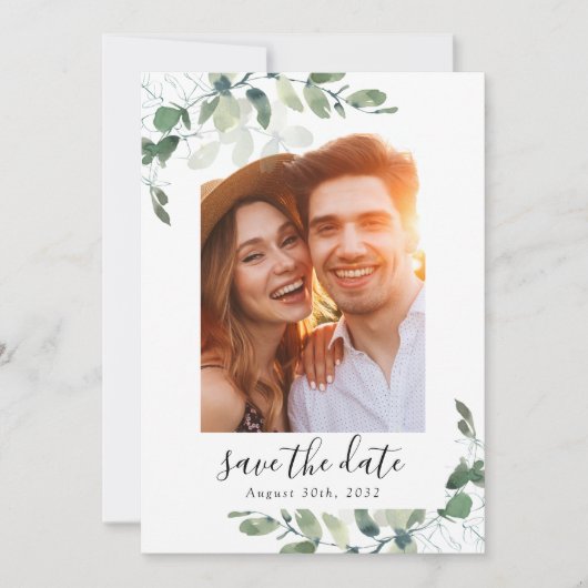 Save The Date Elégant Mariage de PHOTO Eucalyptus aquarelle (Devant)