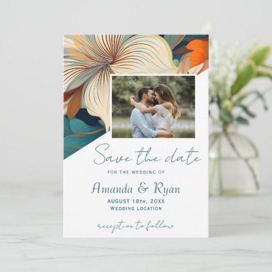 Save The Date Élégant Mariage de photo végétale tropicale (Debout devant)