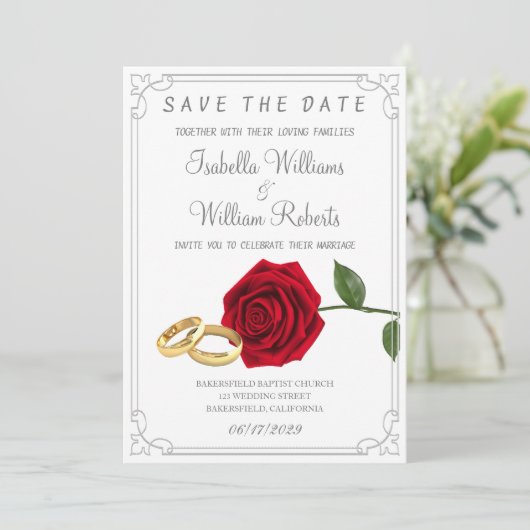 Save The Date Élégant Mariage de roses et anneaux rouges (Debout devant)