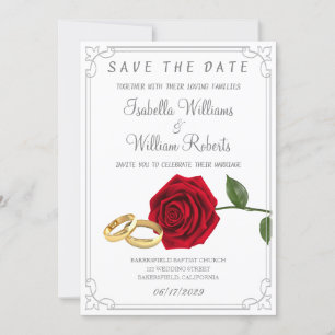 Save The Date Élégant Mariage de roses et anneaux rouges