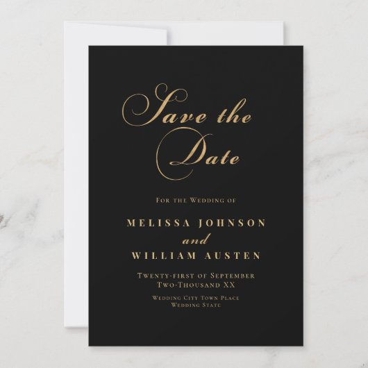 Save The Date Élégant Mariage de script Black Gold (Devant)