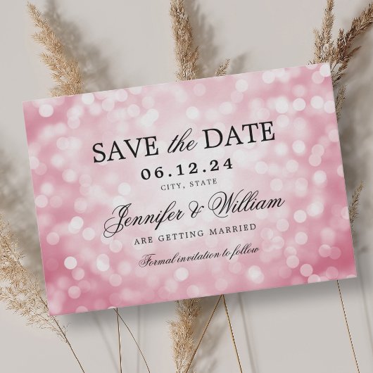 Save The Date Élégant Mariage de script Blush Rose Bokeh lumière