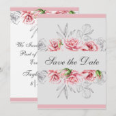 Save The Date Élégant Mariage de script floral gris rose (Devant / Derrière)