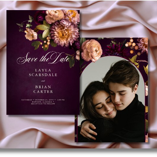 Save The Date Élégant Mariage de script floral Moody Bourgogne