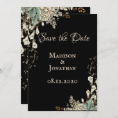 Save The Date Élégant Mariage de script floral noir (Devant / Derrière)