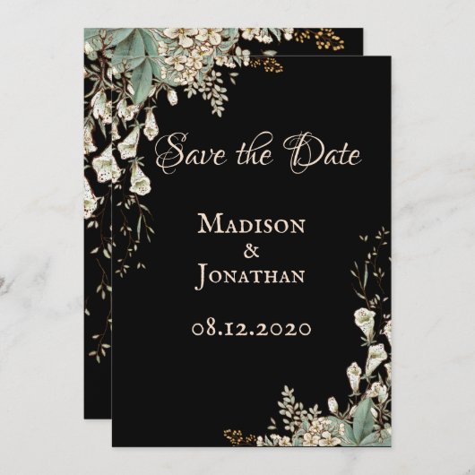 Save The Date Élégant Mariage de script floral noir (Devant / Derrière)