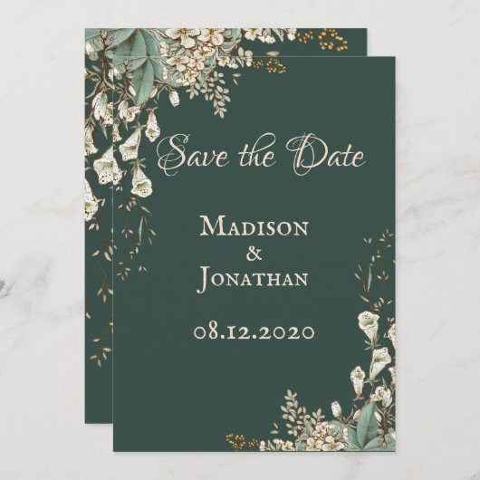 Save The Date Élégant Mariage de script floral vert (Devant / Derrière)
