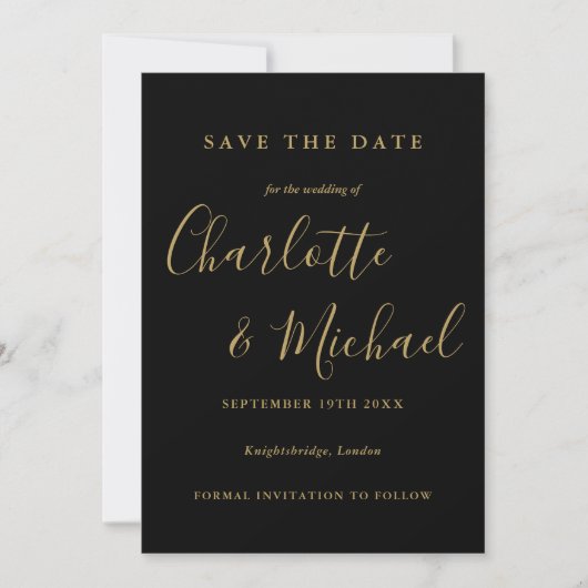 Save The Date Élégant Mariage de script noir et or (Devant)