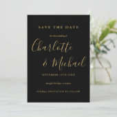 Save The Date Élégant Mariage de script noir et or (Debout devant)
