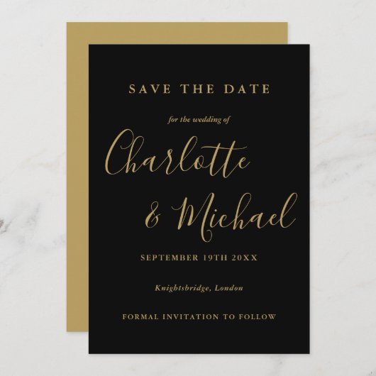 Save The Date Élégant Mariage de script noir et or (Devant / Derrière)