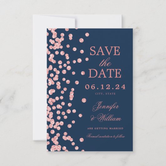 Save The Date Élégant Mariage de script Rose Gold Confetti Navy (Devant)