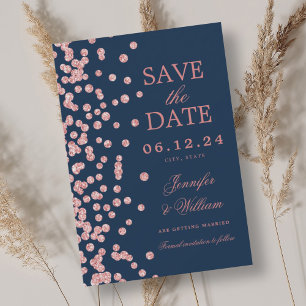 Save The Date Élégant Mariage de script Rose Gold Confetti Navy