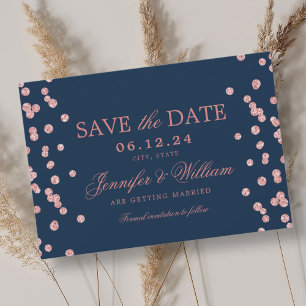 Save The Date Élégant Mariage de script Rose Gold Confetti Navy