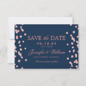 Save The Date Élégant Mariage de script Rose Gold Confetti Navy (Devant)