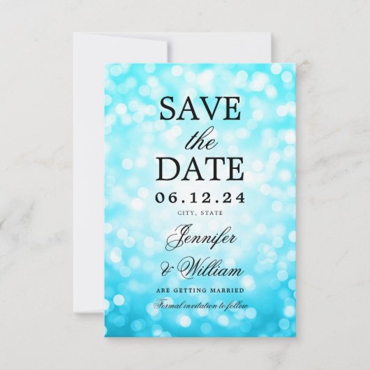 Save The Date Élégant Mariage de script Turquoise Bokeh Lumières (Devant)